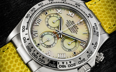 ROLEX. AN 18K WHITE GOLD AUTOMATIC CHRONOGRAPH WRISTWATCH WITH YELLOW MOTHER-OF-PEARL DIAL DAYTONA MODEL , “BEACH”, REF. 116519, CIRCA 2002