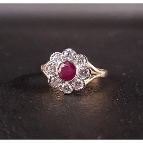 RUBY AND DIAMOND CLUSTER RING the central round cut ruby app...