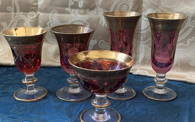 RUBY RED ITALIAN CRYSTAL GOLD SWAG GLASSES X 5