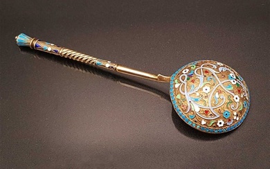 RUSSIAN SILVER ENAMELED SERVING LARGE SPOON