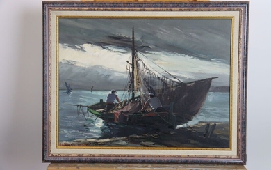Raphaël LUDOVIC (XXème), Le retour de pêche, huile sur toile signée en bas à gauche....