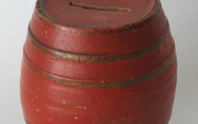 Red Painted Pottery Barrel Bank.
