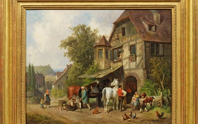 Reinhold Braun (1821 Altensteig - 1884 Munich) Chez le forgeron du village Représentation finement peinte...