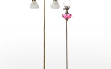 Rembrandt Dual Arm Floor Lamp With Ruby and Clear Glass Torchiere, Vintage