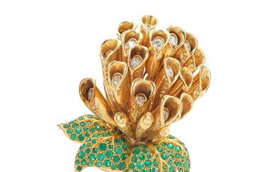 René Boivin Gold, emerald, diamond and coloured diamond brooch, circa...
