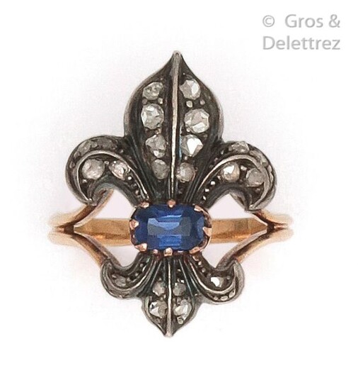 Ring " Fleur from Lys " in yellow gold and silver, adorned with a sapphire and rose-cut diamonds. Work of the 19th century. Tower of doigt : 51. P. Brut : 4.6 g.
