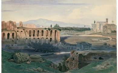 Rom, Blick auf die Kirche Ss. Giovanni e Paolo, links der Südrand des Palatin, im Vordergrund die Substruktionen des Severus.