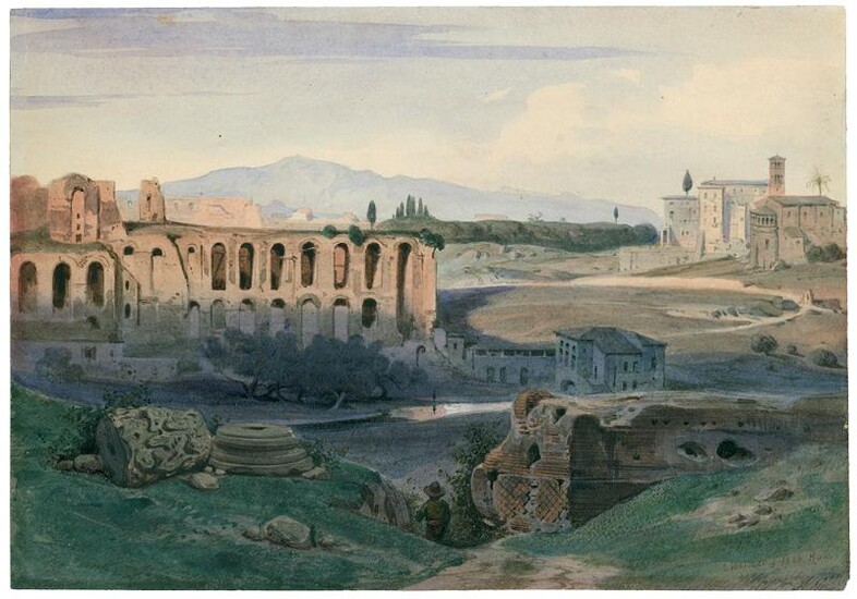 Rom, Blick auf die Kirche Ss. Giovanni e Paolo, links der Südrand des Palatin, im Vordergrund die Substruktionen des Severus.