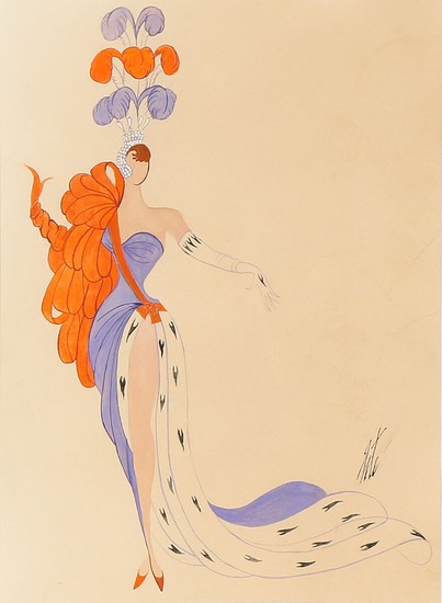Romain de Tirtoff (Erté): Composition with a dancer in costume. Signed Erté. Gouache and watercolour on paper. Visible size 39×28 cm.