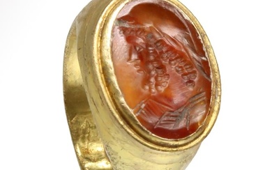 Roman Gold Ring, Cornelian Intaglio, Head of Theaetetus of Athens, c. 1st Century A.D.
