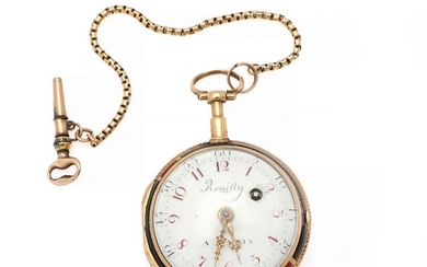 Romilly a Paris verge pocket watch in presumably later gold case. Mid 18th century. Total weight 56 g. Case diam. 41mm. (2)
