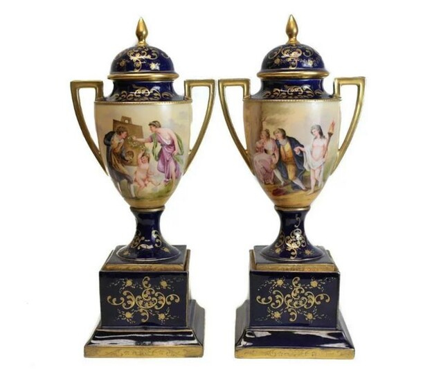 Royal Vienna Austria Double Handled Urns, c1900. Signed