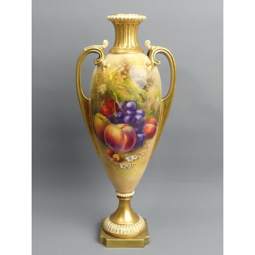 Royal Worcester hand painted soft fruit design porcelain vas...