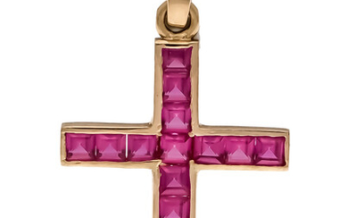 Ruby cross pendant GG 750/000 unmarked, expertized, with square faceted rubies 3.5 mm in very good color, length 40 mm, 3.3 g