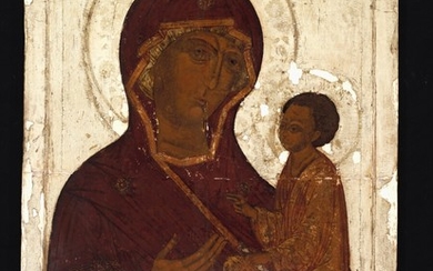 Russia, 16th century: A Russian early, unusually large iconostasis Mother of God “Tikhvinskaya” icon. Tempera on wood panel with “kovcheg”. 113×72 cm.
