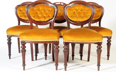 SET OF FIVE VICTORIAN MAHOGANY & YELLOW VELOUR DINING CHAIRS