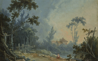 STUDIO OF FRANÇOIS BOUCHER (PARIS 1703-1770) A wooded landscape wit...