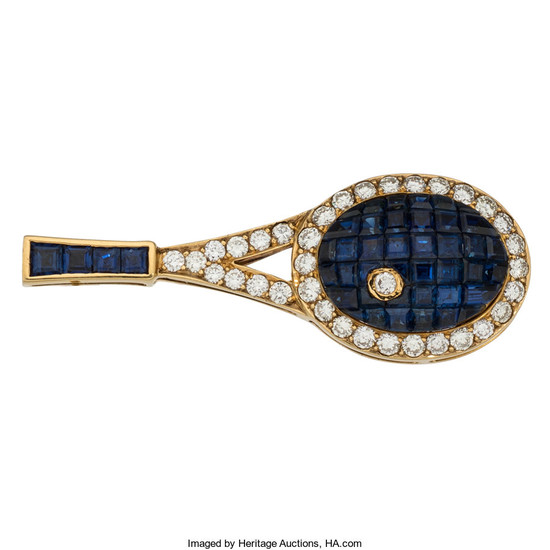 Sapphire, Diamond, Gold Brooch The tennis racket brooch features...