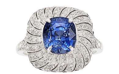 Sapphire, Diamond, Ruby, Platinum Ring Stones: Cushion-shaped sapphire weighing...