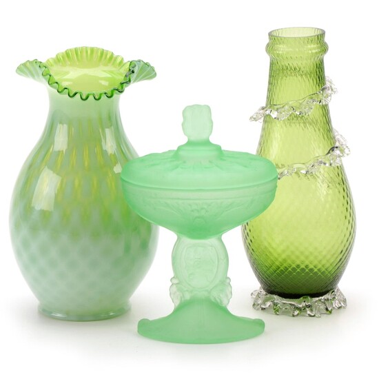 Satin Vaseline Glass Covered Compote with Victorian Green Glass Vases