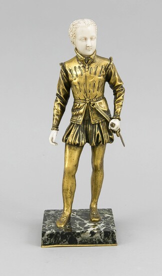 Sculptor around 1900, Chryselephantine figure of a Spanish or Italian young nobleman in the Renaissance style around 1550, gilded bronze and ivory, one thumb glued, marble plinth glued, unsign., total H. 26 cm