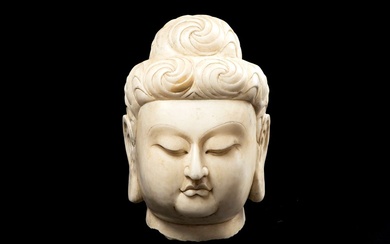 Sculpture chinoise ancienne en marbre : "Tête de Bouddha" - hauteur : 42 cm -...