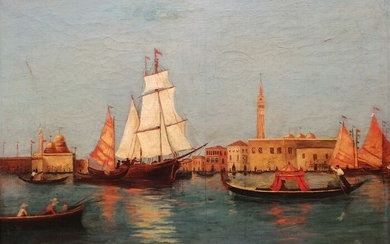 Scuola Veneta (XVIII-XIX) - Scorcio di Veduta di Venezia animata da gondole e barche a vela