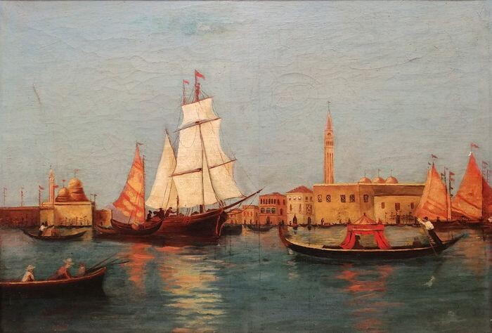Scuola Veneta (XVIII-XIX) - Scorcio di Veduta di Venezia animata da gondole e barche a vela