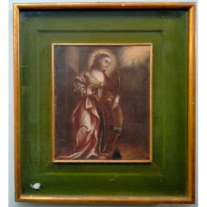 Scuola del secolo XVIII "Santa Caterina d'Alessandria" olio su tela (cm 37x31). In cornice (difetti e restauri)