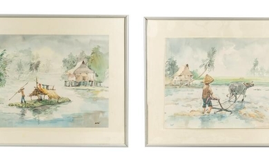 Set of Vintage Asian Water Color Painting