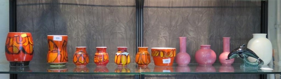 Seven Poole Pottery Delphis vases, highest 16 cm, Four Poole...