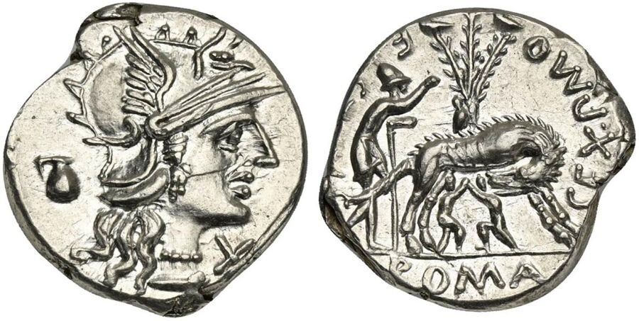 Sex. Pompeius Fostlus, Denarius, Rome, 137 BC. AR (g 3,99; mm 20; h 10). Helmeted head of Roma r.; capis to l., denomination mark before, Rv. She-wolf standing r., head l., suckling the twins (Remus and Romulus); to l., shepherd Faustulus standing r.;...