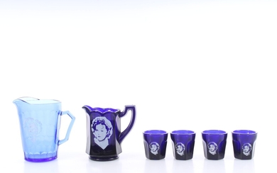 Shirley Temple Cobalt Glass Pitchers With Glasses