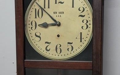 Signed New Haven #3043 circa 1917 Large Mahogany Hanging wall clock. Hgt 42"L w 17" . On page 159