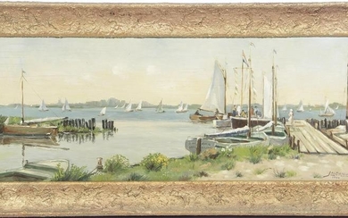 Signed Ortelee, Jac, View of a lake with sailing boats