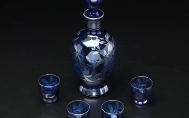 Silver-Overlaid Blue Glass Cordial Set with Decanter