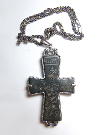 Silver pendant with a large Byzantine bronze encolpion