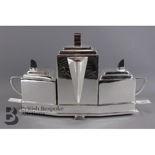 Silver plated tea set, Art Deco in style, comprising teapot,...
