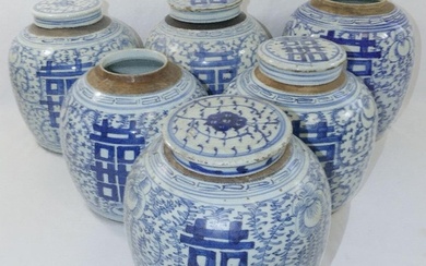Six 19th century Chinese blue and white ginger jars, all dec...