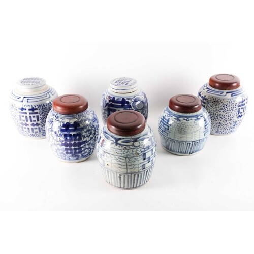 |Six Chinese blue and white rice jars, 19th century and late...