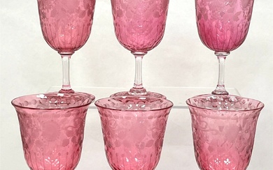 Six Cranberry cut glass goblets