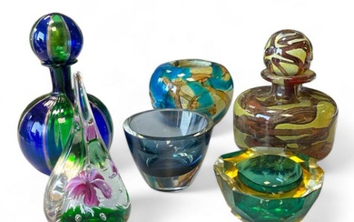 Six pieces of Art Glass - circular vase has been...