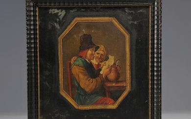 Small 17th century painting Oil on panel "Reading"