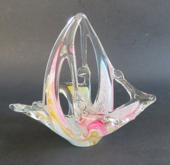 Sommerso Hand Blown Art Glass Basket, Murano
