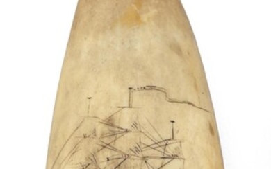POLYCHROME SCRIMSHAW WHALE'S TOOTH 19th Century Depicts a...
