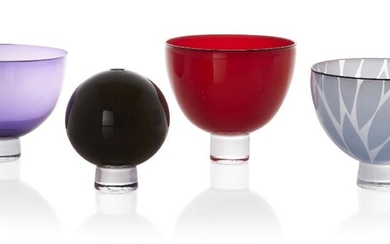 Stephen Gillies & Kate Jones, Three 'Beautiful' bowls and a 'Ball' vase, circa 2015, Glass, Each inscribed 'Gillies, Jones, Rosedale' to underside, Red bowl :13cm high ; Leaf motif bowl : 12cm high ; Purple bowl : 11.5cm high ; Ball vase : 11.8cm...