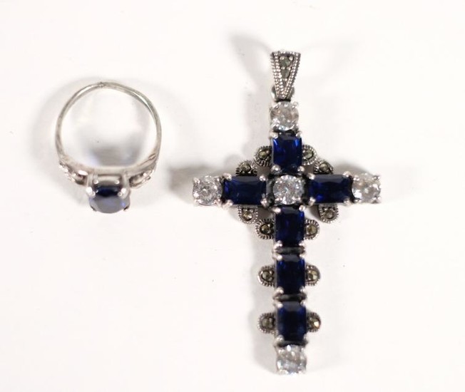 Sterling Silver & Sapphire Ring w/Cross Pendant