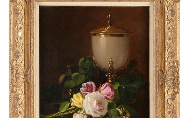 Still life of roses, black-eyed susans and a covered urn.