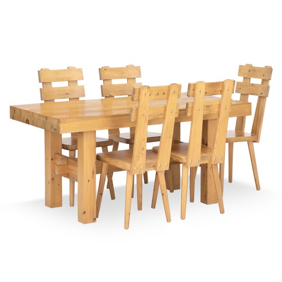 Swedish furniture design: Dining set of solid pine. Comprising a rectangular table and five chairs. (6)