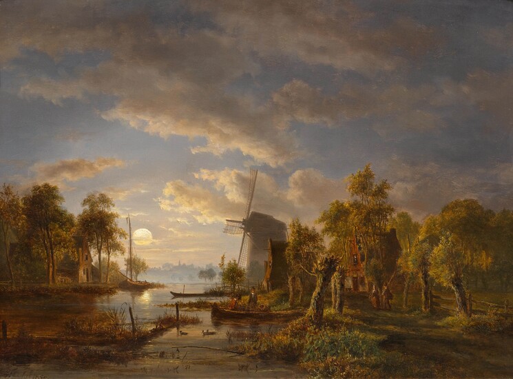 THEODORUS JACOBUS ABELS(Amsterdam 1803-1866 Abcoude)Paysage de rivière avec moulin au clair de lune. 1850.Huile sur...